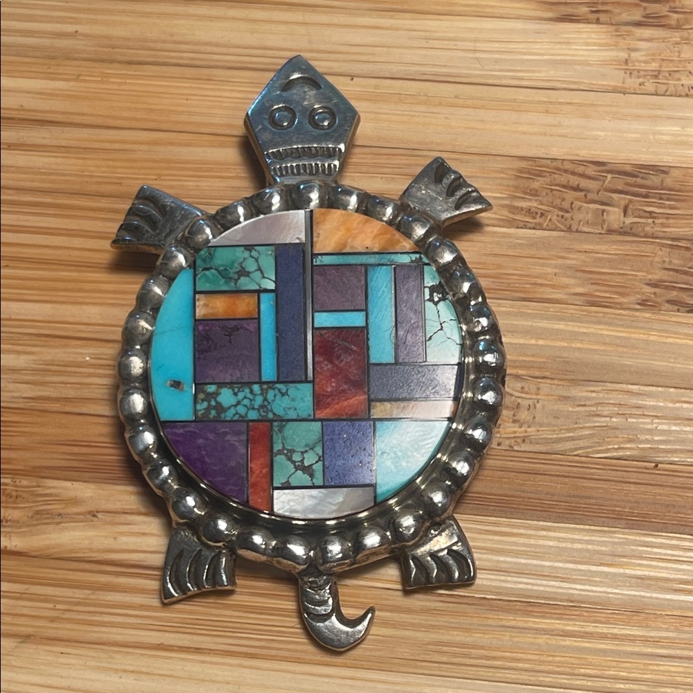 Alvin Yellowhorse Colorful Inlay Turtle Pendant/Broche with Silver Accents